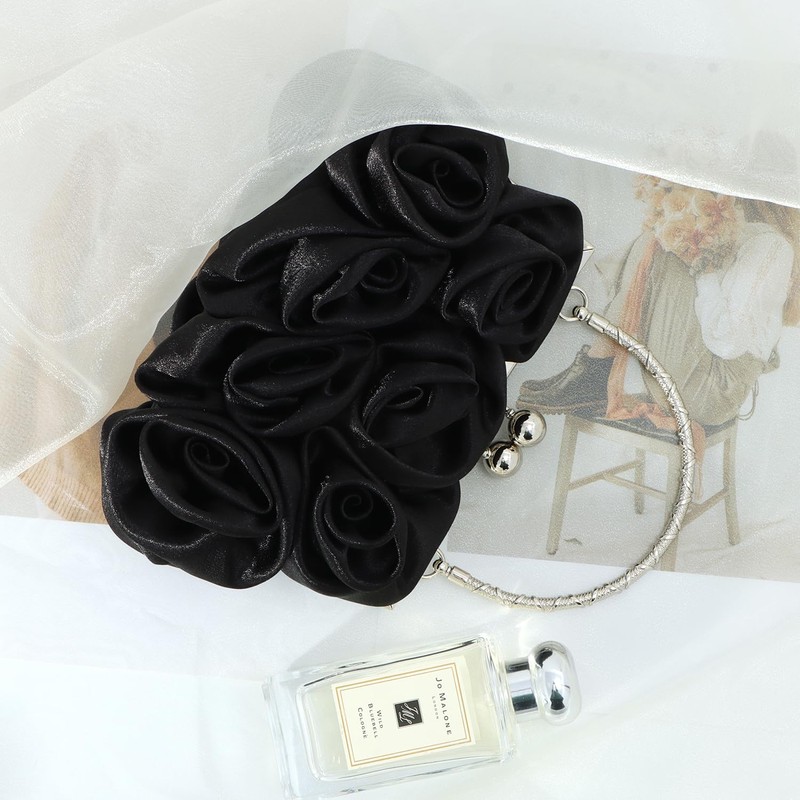 EVEOUT Elegant Satin Flower Evening Handbag with Chain for Women
