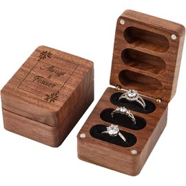 Always & Forever Ring Box 3 Slot for Wedding Ceremony Engagement Valentine's Day Birthday Ring Bearer Box Walnut Ring Box Engrave Wedding Ring Box- Black Lining