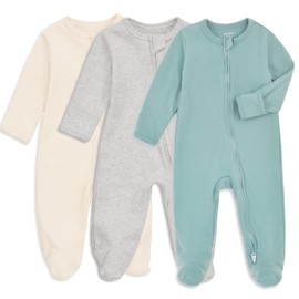 Aablexema Baby Footie Pajamas with Mitten Cuffs, Double Zipper Infant Cotton clothes Sleeper Pjs, Footed Sleep Play (9-12m, Ivory & Grey & Blue)