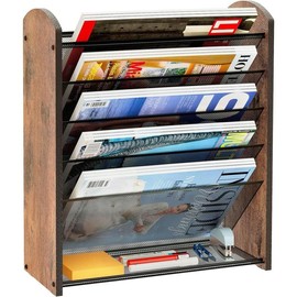 Wall File Organizer, Wood Wall File Holder, 7 Tier Vertical Hanging Wall File Organizer, 5 Pockets Wall Mount File Holder with Top and Bottom Flat Tray for Office School Home, Black - Model: wall file organizer