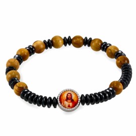 Rosary Bracelet Olive Wood and Hematite Beads Sacred Heart of Jesus Meallion for Men and Women
