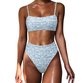 MOSHENGQI Women Bandeau High Waisted Bikini Push Up High Cut Swimsuits (XL, Blue Ditsy Floral)