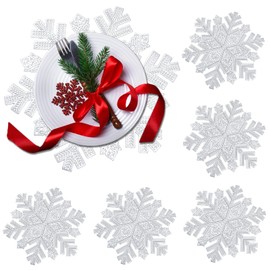 Snowflake Placemats Set of 6, Rouhuhura Christmas Placemats Decorations Snowflake Tablemats Hollow Out Design Round Vinyl Place Mats Dining Table Setting Kitchen Table Mats for Christmas Party(Silver)