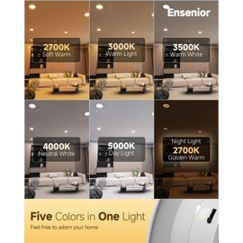 Ensenior 5/6 Inch 5CCT LED Can Lights with Night Light 12 Pack, Retrofit Led Recessed Lighting, Baffle Trim, Dimmable, 9W=110W, 1000LM, 2700K/3000K/3500K/4000K/5000K Selectable, IC Rated - ETL & FCC