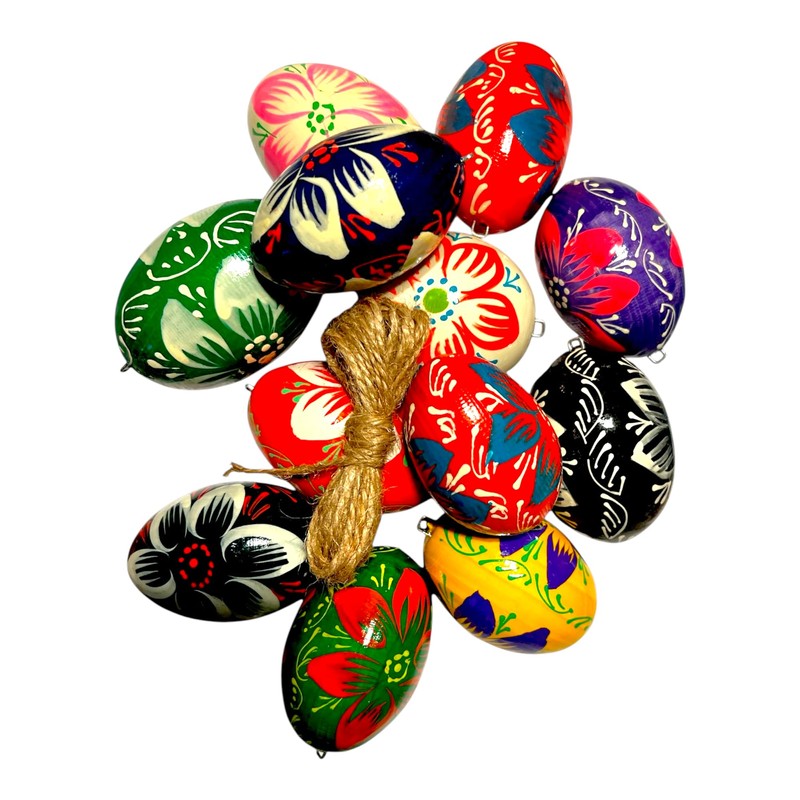 12 Wooden Easter Eggs Hand Painted with Hanger Handmade from