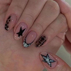 BABALAL Tortoise Press on Nails Medium Almond Fake Nails Star Y2k Glue on Black Goth Design 24Pcs Glossy Full Cover Acrylic False Gel Nails