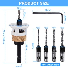 URHELP Countersink Drill Wood Set, Countersink with Countersink, Adjustable Depth Stop, Countersink with 1/4 Inch Hex Shank, for Wood Processing, Pack of 6