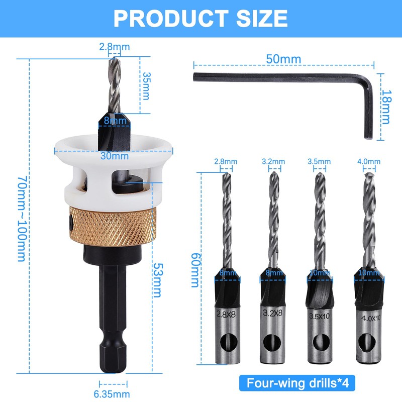 URHELP Countersink Drill Wood Set, Countersink with Countersink, Adjustable Depth