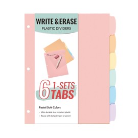 Sooez 6-Tab Durable Plastic Write & Erase Big Tab Dividers for 3 Ring Binder, Aesthetic Cute Pastel Binder Dividers for Student, Teacher, Office, Home Organizers, 1 Sets, Pastel