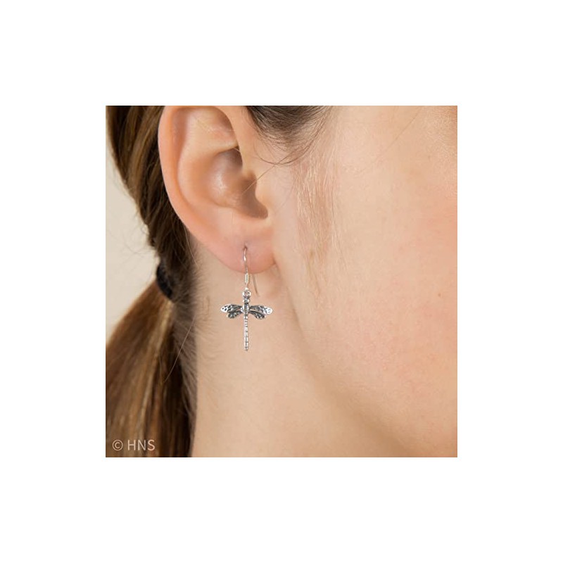 Sterling Silver Oxidised Dragonfly Dangle Earrings - SIZE: 15mm x