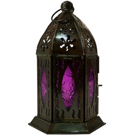 GURU SHOP Oriental Metal/Glass Lantern in Moroccan Design, Lilac, Colour: Purple, 18 x 10 x 10 cm, Oriental Lanterns