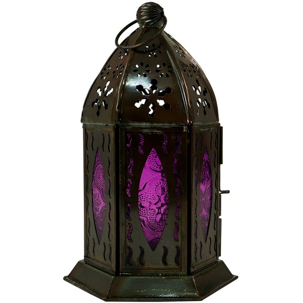 GURU SHOP Oriental Metal/Glass Lantern in Moroccan Design, Lilac, Colour: