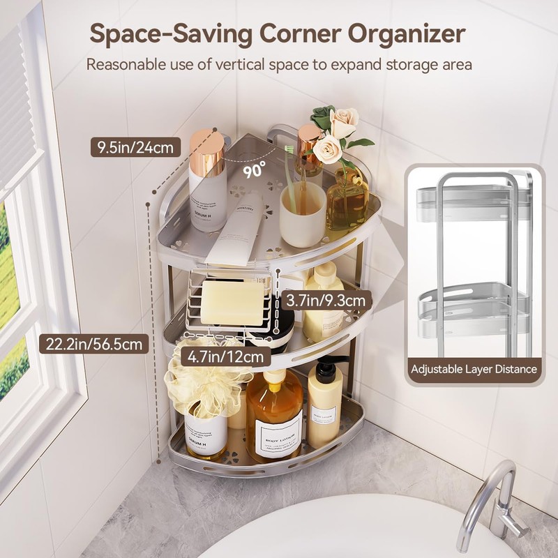 Binecer Corner Shower Caddy Standing, 3 Tier Shower Organizer Stand