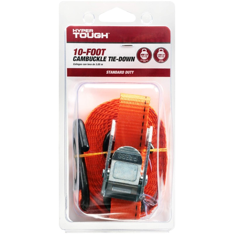 Hyper Tough 10-Foot Buckle Strap Tie-Down, Orange, Stainless Steel, Universal