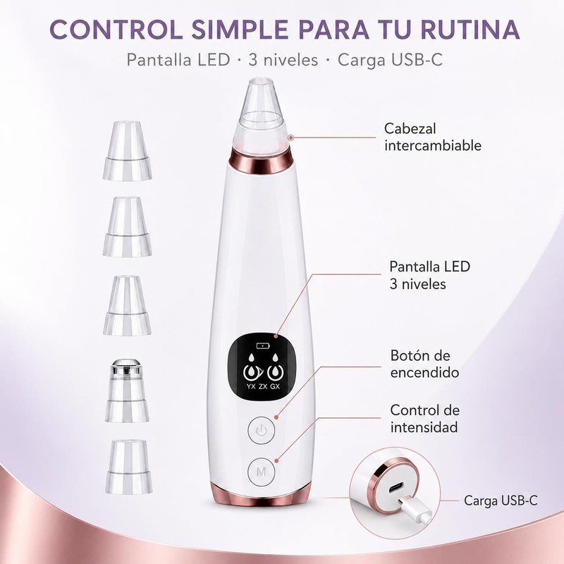 Succionador de Puntos Negros, 3 Niveles, 6 Cabezales y Pantalla