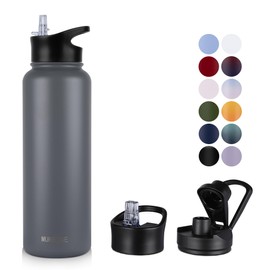 MURBONE Stainless Steel Drinking Bottle 1.2 L (+ 2 Lids) with Straw, BPA-Free, Leak-Proof, Suitable for Carbonated Drinks, Thermos Flask, Vacuum Double Wall Insulation for Sports, Travel, Camping