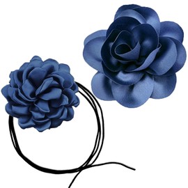 Dainty Satin Rose Flower Brooches Flower Choker Necklace for Women Camellia Floral Brooches Lapel Pins Big Rose Floral Chokers for Wedding Dance Dress Clothes Accessories(Blue)