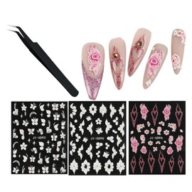 3 Sheets 5D Embossed Flower Nail Art Stickers,Nails Adhesive Stickers Nail Art Stickers for Nails DIY Manicure Decorations with Tweezer (Flower C-3Sheets)