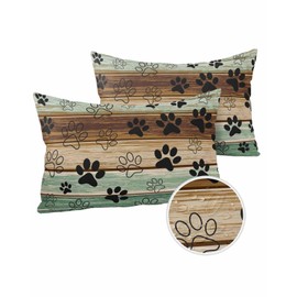 Sldyababtku Outdoor Waterproof Pillow Covers 20x12 Inch Set of 2, Retro Teal Old Wooden Boards Farmhouse Style Pet Paws Decorative Throw Pillow Cases for Patio Furniture Garden Decor