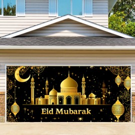 Eid Mubarak Garage Door Decorations 6x13 FT Eid al-Fitr Decor Garage Door Banner for Home Mosque Muslim Holiday Celebration (Black)