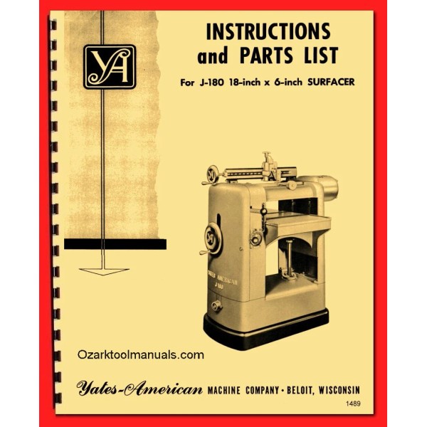 YATES-AMERICAN J-180 18" x 6" Surfacer Wood Planer Operator Parts