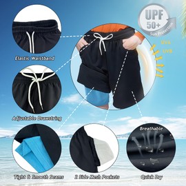 BROWNKNOT Boys Swim Trunks with Compression Liner Swim Shorts Bathing Suit Stretch Swimwear UPF50+ Board Shorts for Boys Quick Dry, 14-16Y (Black)