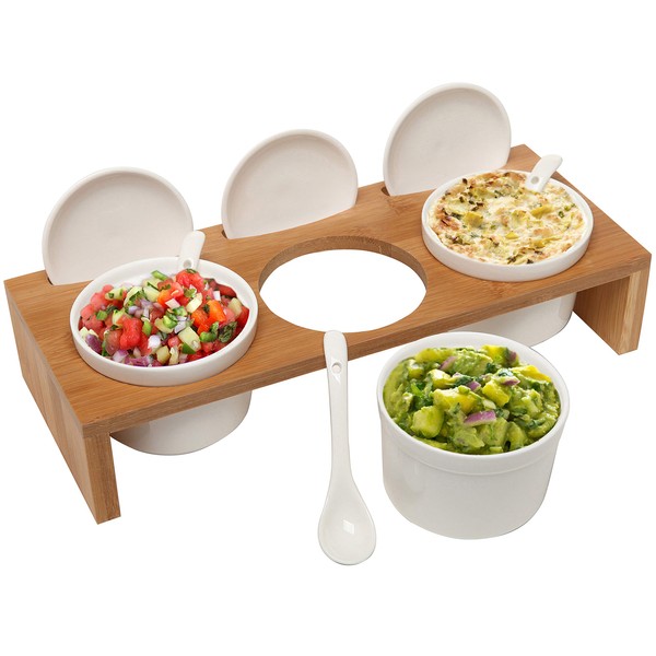 MyGift Wooden Condiment Set, Ceramic Dip Bowls, Sauce Ramekins 3 Piece Set with Lids and Spoons on Bamboo Raised Display Serving Tray