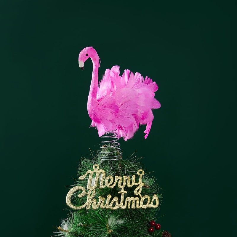 Pink Flamingo Christmas Tree Topper, Flamingo Tree Toppers with Fluffy