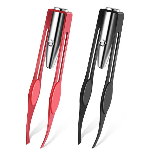 Pack of 2 Tweezers with LED Light Hair Removal Illuminated Tweezers Make Up Tweezers with Light Tools for Men Women Precision Eyebrow Eyelashes Stainless Steel Tweezers Black Red