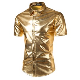 JOGAL Men's 70s Disco Shiny Metallic Gold Silver Short Sleeve Button Down Shirts Medium Gold