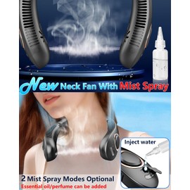 Misting Neck Fan,4000mAh Neck Fan with Water Mist Spray,Breeze Wear Misting Fans for Your Neck Around,Small Noiseless Headphone Chargeable Personal Fan for Travel Camping Outdoor Black