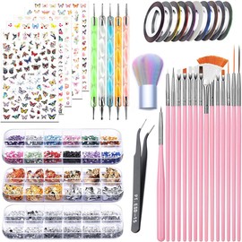 VIVIIHOO Nail Stickers & Nail Design Accessories Set - 5 Nail Stickers, Brushes, Rhinestones, Strip Tape, Gold Leaf Perfect for Manicure and Gel Nails - 50 Piece Set