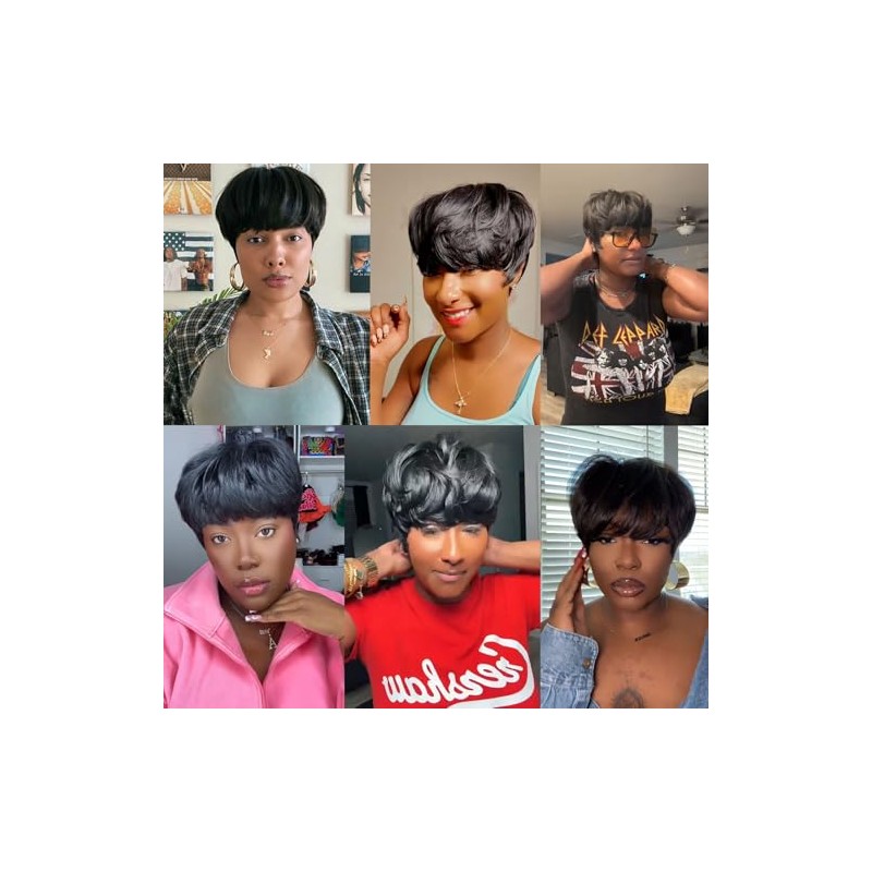 Peluca de cabello humano con corte pixie para mujeres negras,