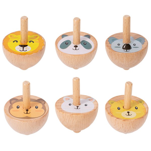6 Pcs/Set Beech Wood Spinning Tops Toy for Kids, Animal