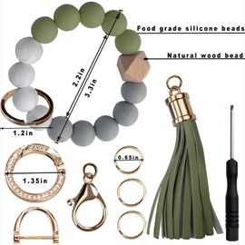 Meroqeel Silicone Beads Key Ring Bracelet with Leather Tassel for Women - Deep Green