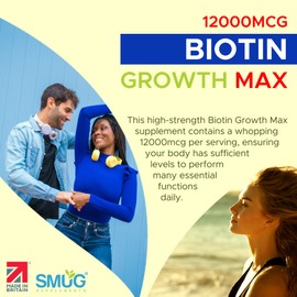 Biotin Hair Growth MAX 12000 mcg British Made by SMUG Supplements - 365 Micro Tablets - One Year Supply - Vegan Hair, Nail and Skin Vitamin Support - Suitable for Men and Women