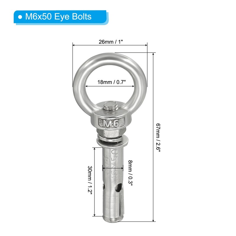 PATIKIL M6x50mm Extended Eye Bolts Pack of 6 304 Stainless