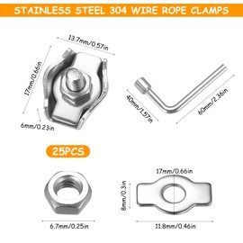 25 PcsWire Clamps, Wire Rope Clamps, 1/8 Inch M3 Wire Rope Clips Single Bolt Thimbles, 304 Stainless Steel Cable Clamps Cable Clips for Guy Line Clothesline Fence Awning Fixed Tensioner + Hex Wrench