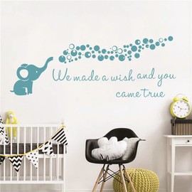 Home Nursery Room Wall Decor Sticker Baby Elephant Blowing Bubble Wall Sticker Vinyl Wall Decal Quotes We Made a Wish and You Came True Kids Bedroom Wall Mural AFN100 (Teal Green)