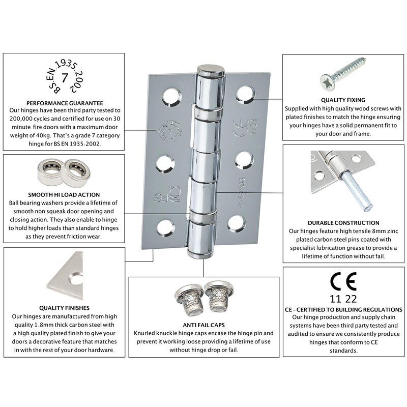 Door Hinges 3 Inch / 76mm Ball Bearing 1 Pair