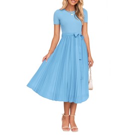 ZESICA Womens 2025 Summer Short Sleeve Midi Dresses Casual Crew Neck Knit Belted Pleated A Line Flowy Wedding Guest Dress,LightBlue,Medium