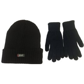 Black 'Rockjock' Thermal Thinsulate Winter Hat (Style: Chunky Rib Knit with Rockjock R40 Lining) and 'Handy' Thermal Gloves Set