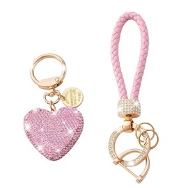 CHENGCKJ Heart Key Ring with Glittering Rhinestones Car Key Ring for Women Pink Heart Shaped Key Chain Rhinestone Key Ring, pink