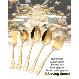 Stapava Serving Utensils Gold, 5 Pieces Stainless Steel Silverware Serving Set with Serving Spoon, Slotted Serving Spoon, Serving Fork, Sugar Spoon, Butter Knife for Restaurant Banquet Buffet