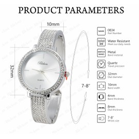Blekon Collections Women's 32mm Rhinestones Round Elegant Metal Cuff Bangle Fashion Watch (Silver)