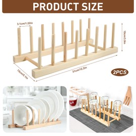 Parastar Pack of 2 Wooden Plate Stands, Plate Holder, Pot Lid Holder, Lid Holder Drawer, Wooden Draining Rack, Chopping Board Stand, Pot Lid Organiser for Plates, Cups, Pot Lid (7 Slots)
