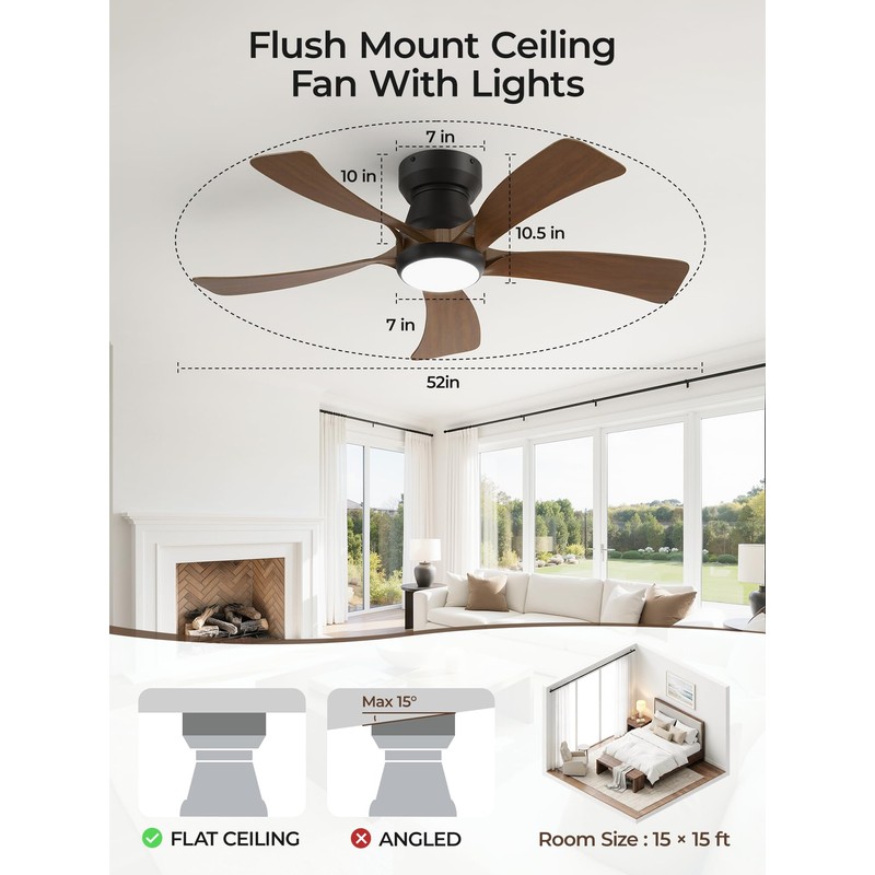 52 Inch Flush Mount Ceiling Fan with Lights, APP Control,