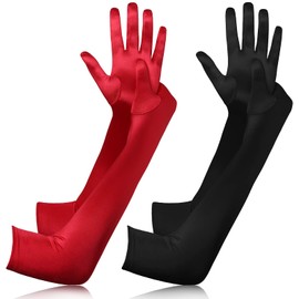 BBTO Long Red Black Evening Gloves 2 Pairs Elastic Elastane Gloves, red, black