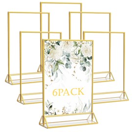 6Pack 5 x 7 Clear Acrylic Sign Holder with Gold Borders,Plastic Table Number Signs Stand for Menus,Cards,Photos and Decors,Standing Double Sided Picture Frames for Wedding,Restaurant,Party Display