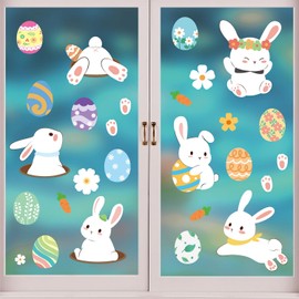 4 Sheets Easter Window Stickers Spring Window Decals Decorative Cute Bunny Eggs Carrot and Flower Design DIY Double-Sided Window Clings for Easter Home Kitchen Decor Accessories
